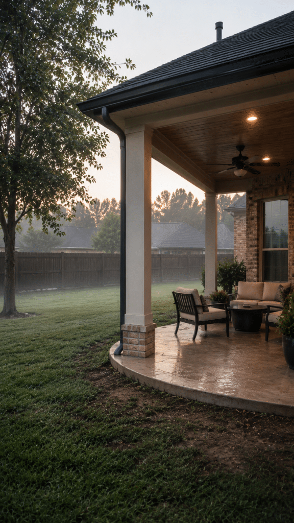 Houston backyard patio in humid early morning conditions with covered patio, moisture, and lush landscaping
