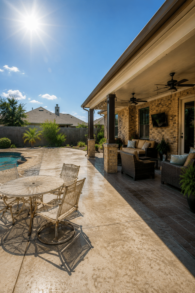 Houston backyard patio in harsh midday sun showing uncovered concrete heat exposure and a shaded covered patio comparison