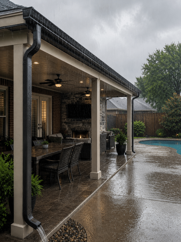 Covered patio in heavy Houston rain with gutters and downspouts directing water away from the foundation