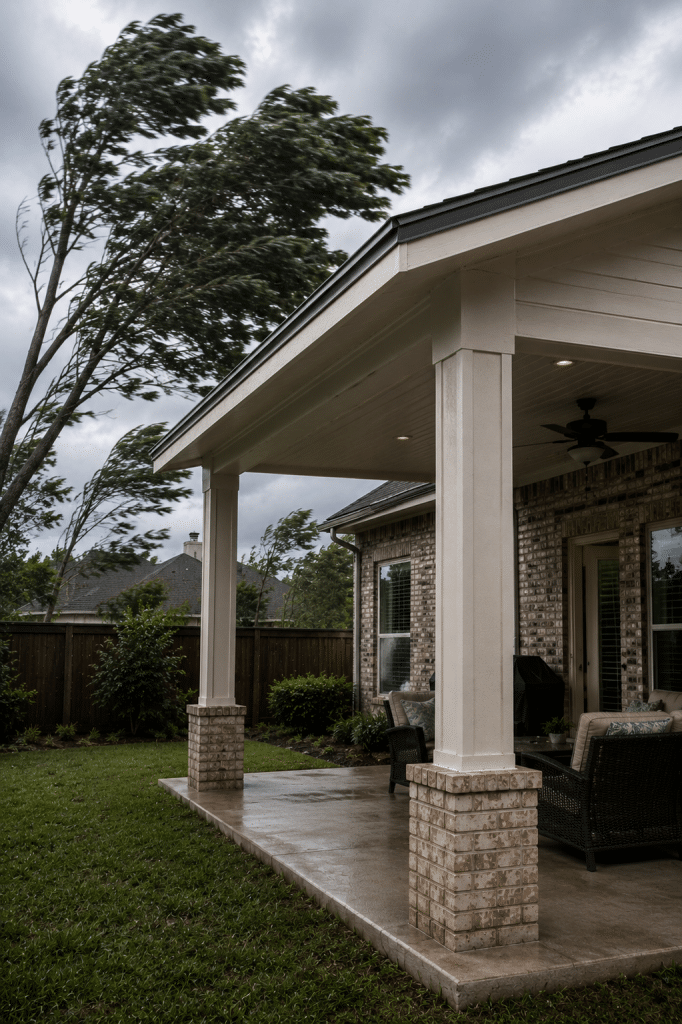 Reinforced patio cover framing with strong posts beams and brackets designed for Houston wind-resistant construction